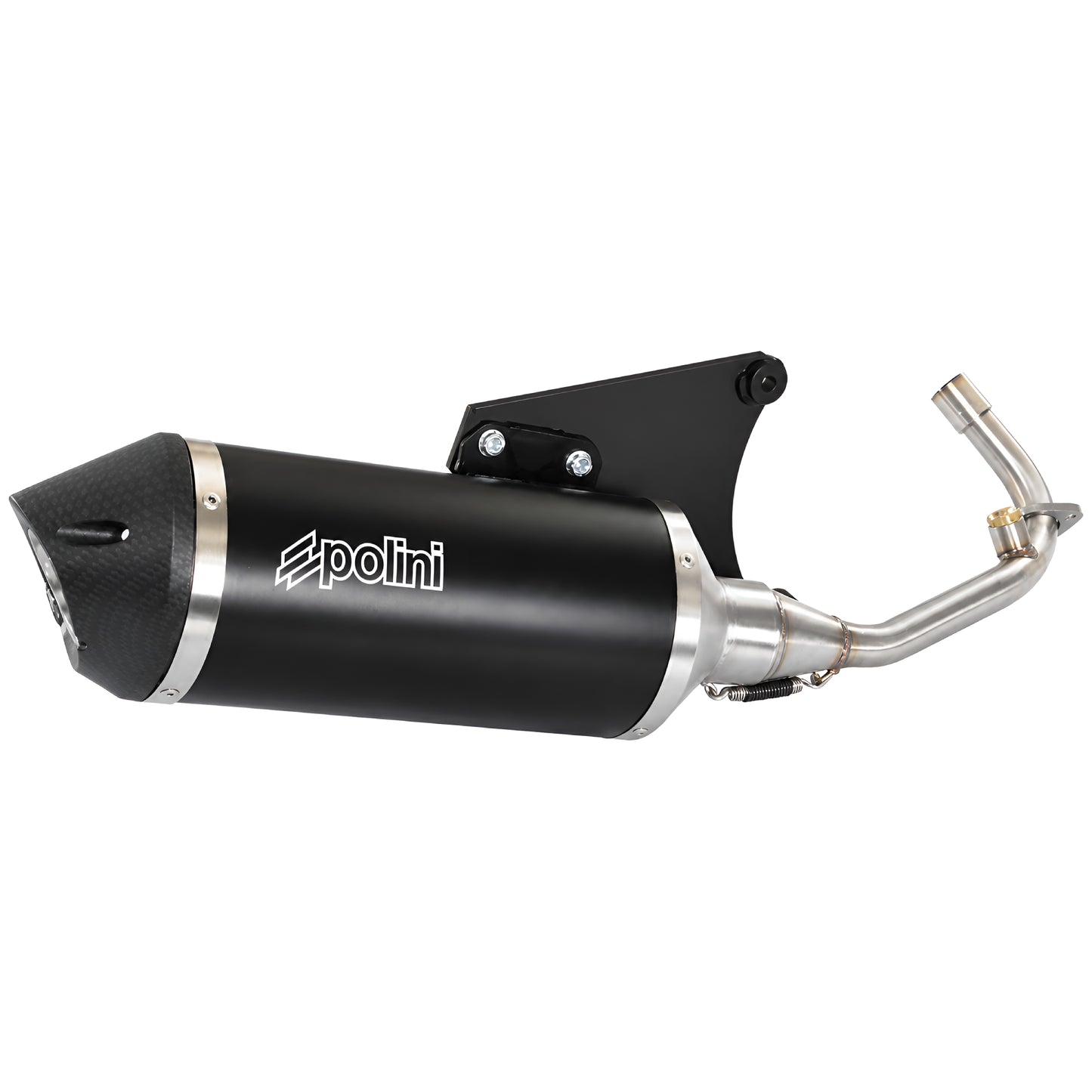 Escape Polini Vespa Primavera 125/150 iGet 2016-2020 en aluminio negro con colector racing inox, alto rendimiento y diseño deportivo. 190.0062