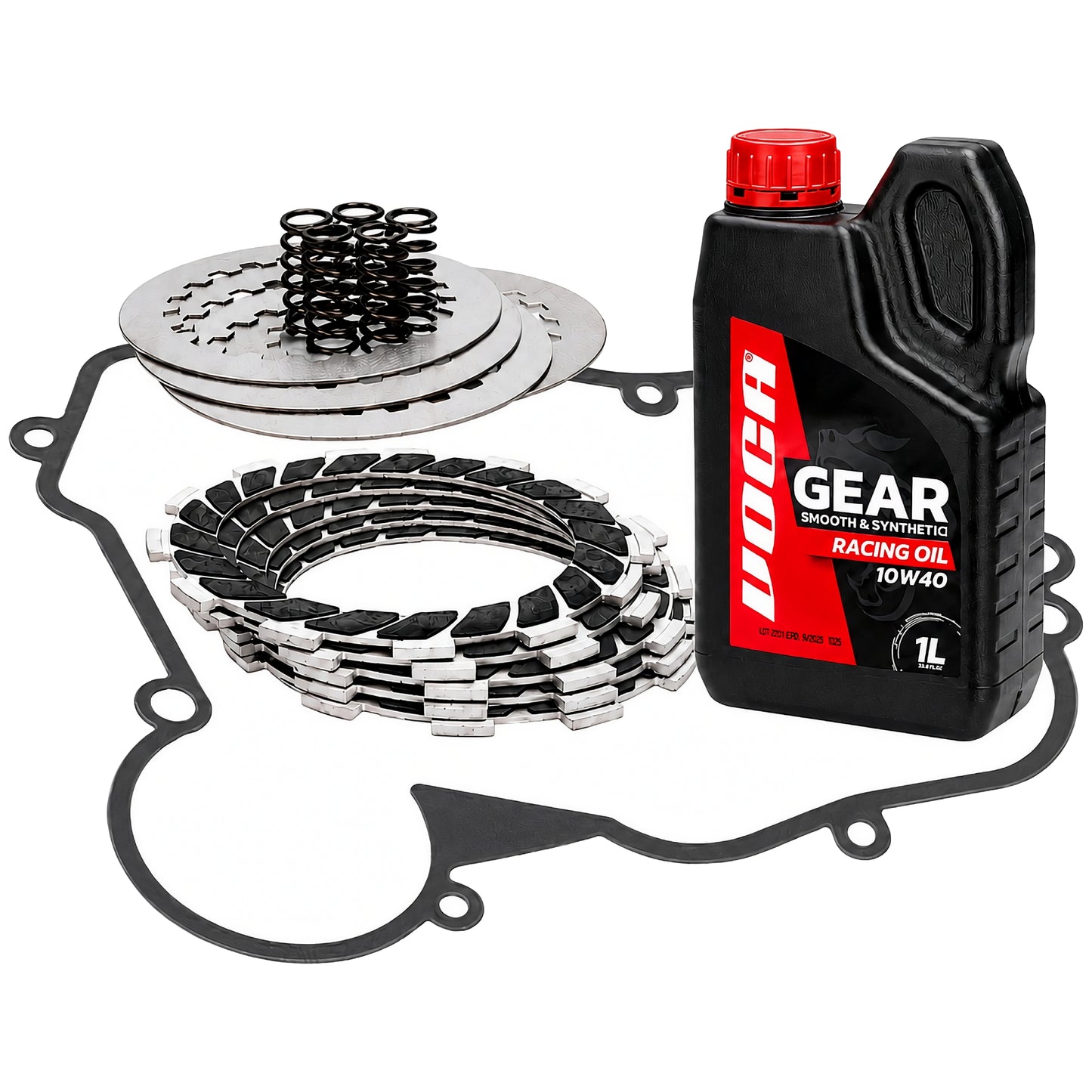 Clutch disc kit, 10W40 1L VOCA Racing oil, and Allpro clutch gasket for Derbi Euro 3/4/5