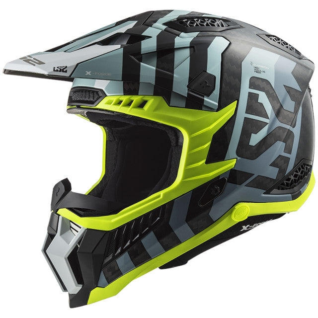 Casco Cross LS2 MX703 X-Force Barrier carbono azul cielo-amarillo flúor