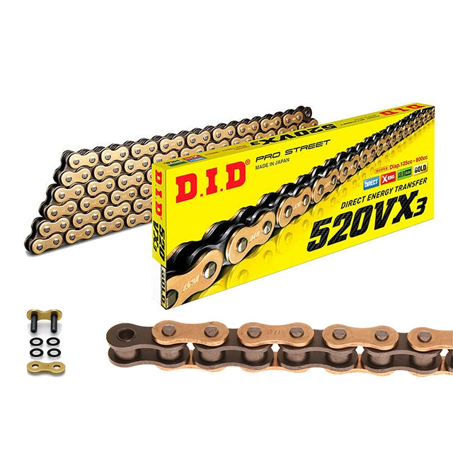 Corrente de transmissão passo 520 VX3 112 elos X-Ring G&B D.I.D - dourado