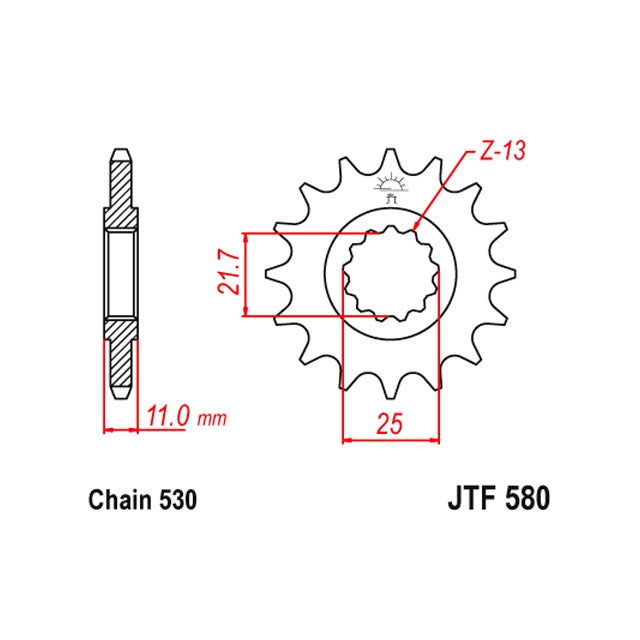 Medidas del piñón JTF580 Yamaha FZ6