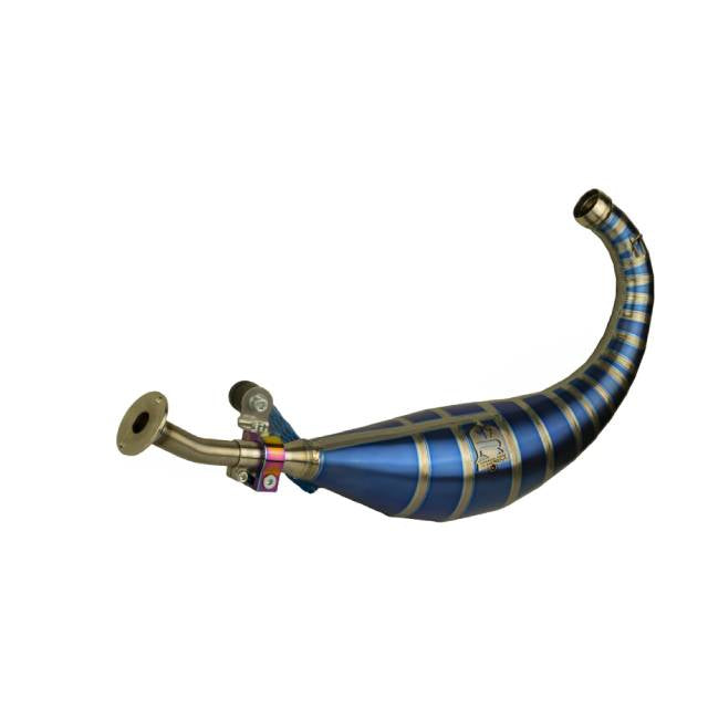 Col de pot d’échappement titane bleu KRM Derbi 96-100cc et 100cc FL