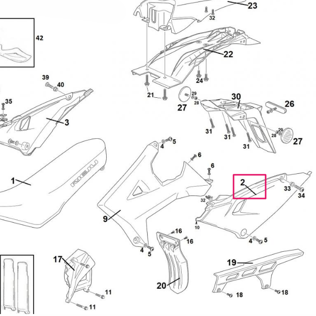 Tapa trasera lateral izquierda Rieju MRT Pro Trophy 50 2022 - blanco 0/R00.570.5313