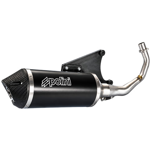 Escape Polini para Vespa 125-150 Primavera 4T en aluminio negro, con colector racing inox y diseño homologado de alto rendimiento. 190.0039