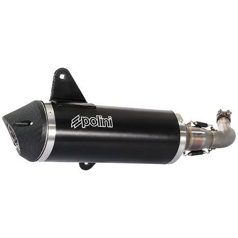 Escape Polini para Vespa GTS 125-300 4T en aluminio negro con colector racing inox, ligero, homologado y de alto rendimiento. 190.0041