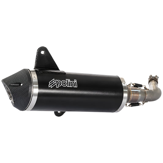 Escape Polini para Vespa GTS 125-300 4T en aluminio negro con colector racing inox, ligero, homologado y de alto rendimiento. 190.0041