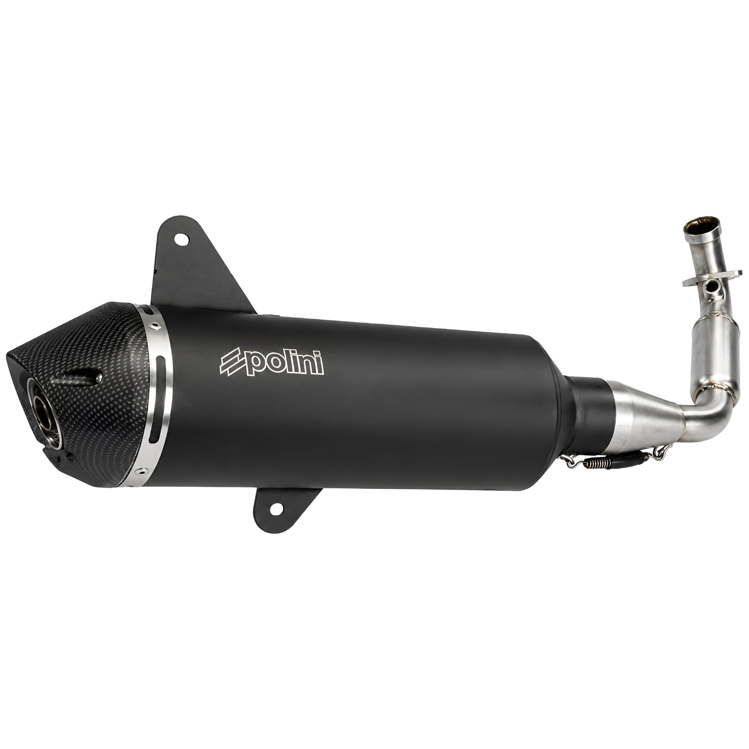 Escape Polini Vespa GTS 300 Euro 5 2021-2024 Evolution catalizado con acabado carbono, colector racing inox y silenciador aluminio negro.