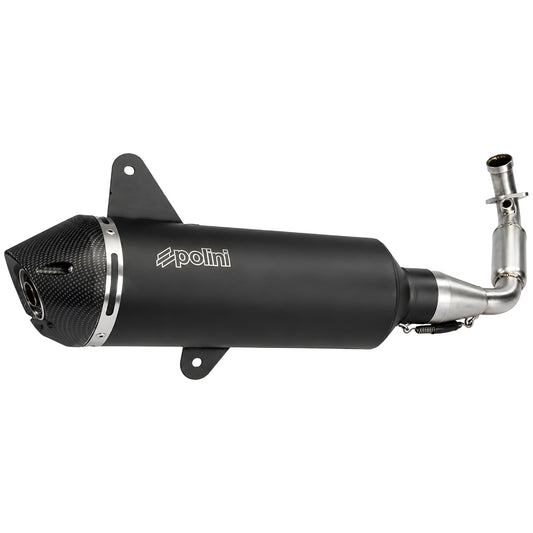 Escape Polini Vespa GTS 300 Euro 5 2021-2024 Evolution catalizado con acabado carbono, colector racing inox y silenciador aluminio negro.