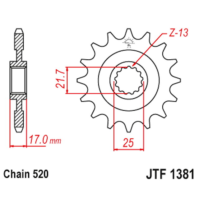 Medidas del piñon de acero JTF1381 JT Sprockets