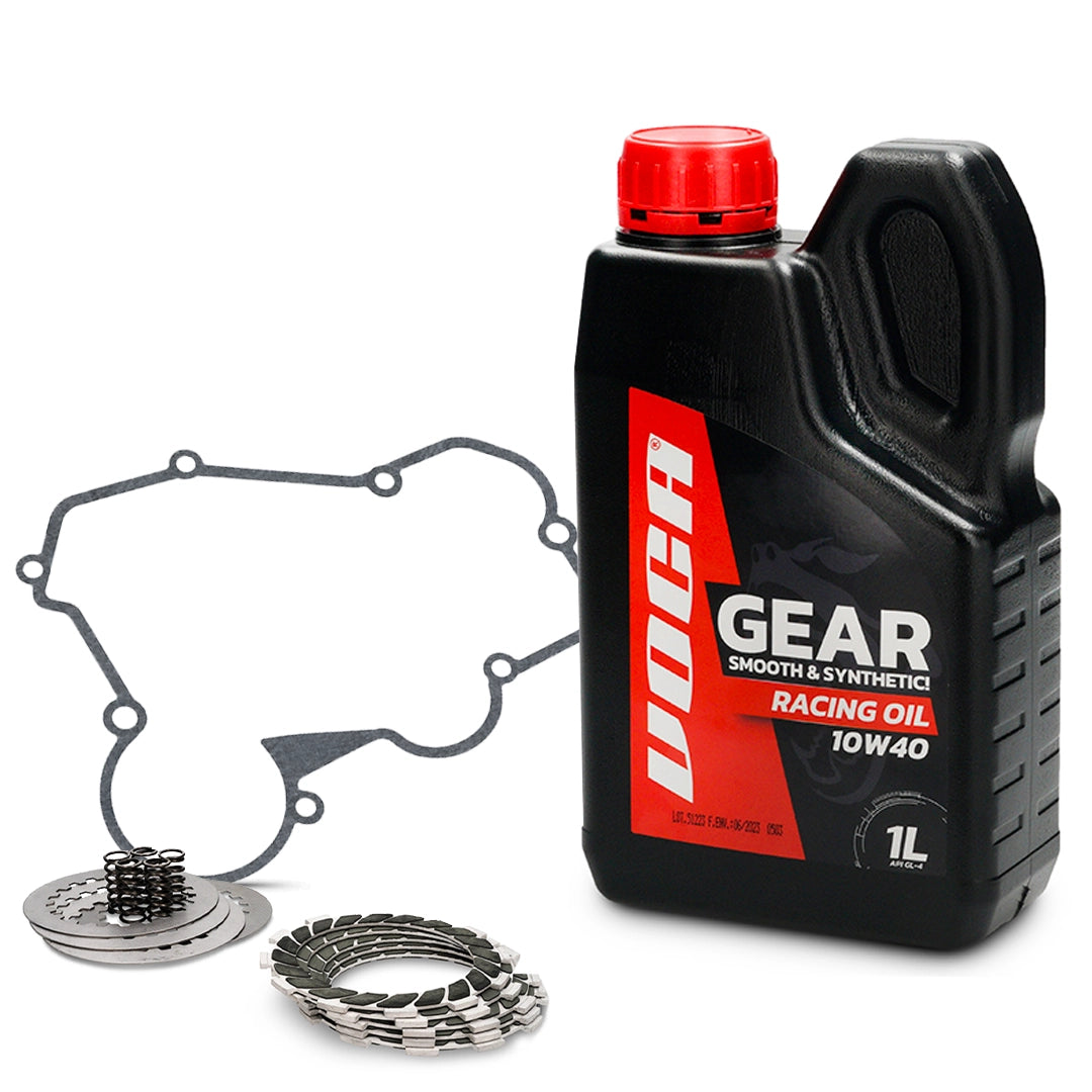 Kit discos de embrague, aceite 10W40 1L VOCA Racing y junta embrague Allpro Derbi Euro 2