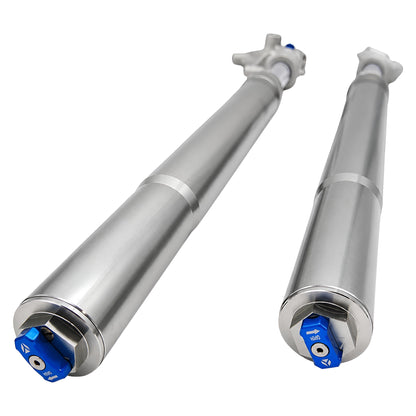 Vista superior de las horquillas delanteras ZL regulables 650 mm para YCF Mini GP 157 y 187 con ajuste de compresión y rebote.