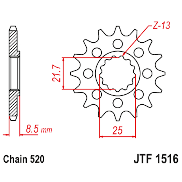 Medidas del piñón de acero JTF1516 JT Sprockets