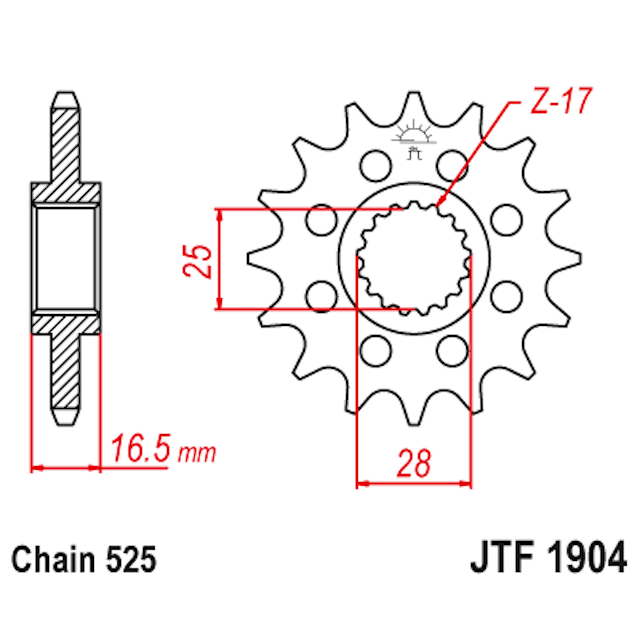 Medidas del piñon de acero JTF1904 JT Sprockets