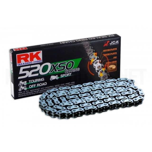 Cadena RK 520 XSO X-Ring con 112 eslabones abierta con enganche remache color acero natural
