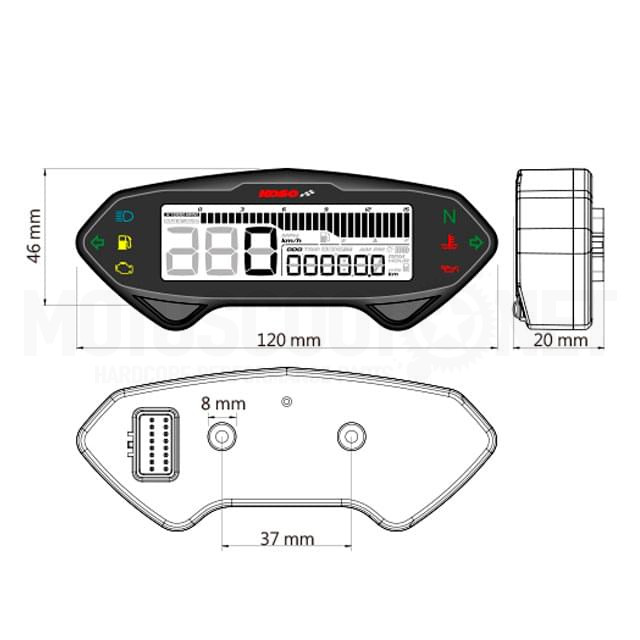 Marcador DB-01RN Digital universal Speed RPM ODO TRIP TIME FUEL + 5 niveles de luz Koso esquema