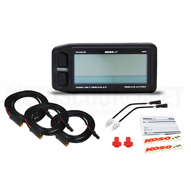 Tacómetro / Termómetro Koso con pila, diferentes funciones; voltímetro, tiempo, luz de cambio programable y medidor opcional de relación aire / combustible ref: BA052001